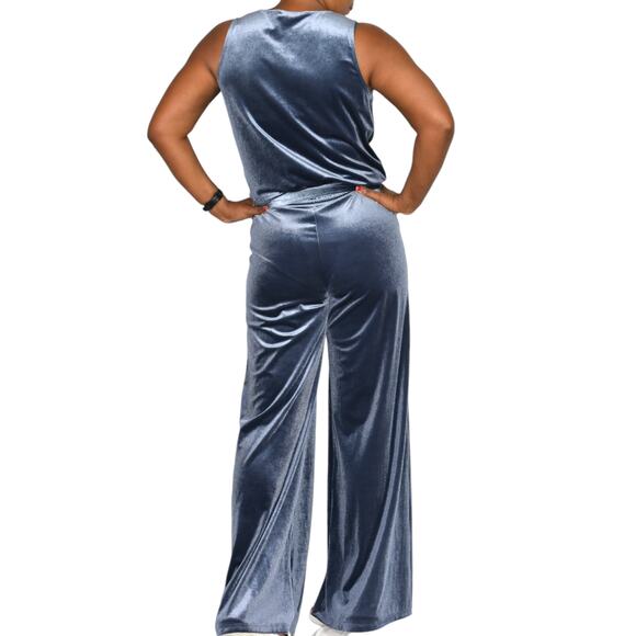 Samantha Dru Flare Jumpsuit Blue Wrap Belt Velour Velvet Wide Leg Pantsuit Small - Picture 3 of 15